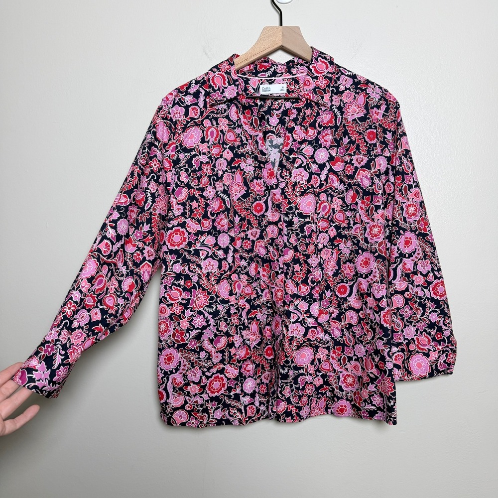 Croft & Barrow Womens Cotton Blouse XL Pink Floral Long Sleeve Buttons Preppy